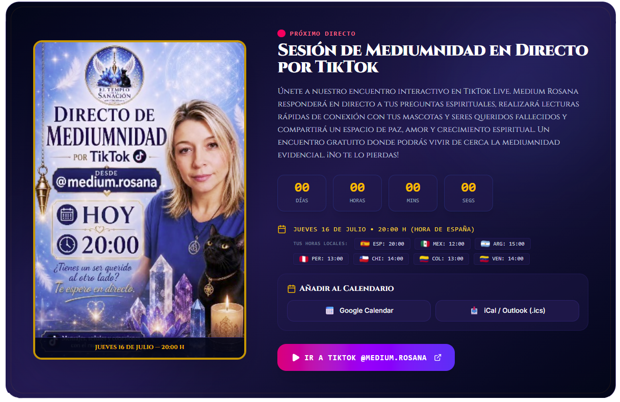 Anuncio de directos de mediumnidad de Rosana en TikTok