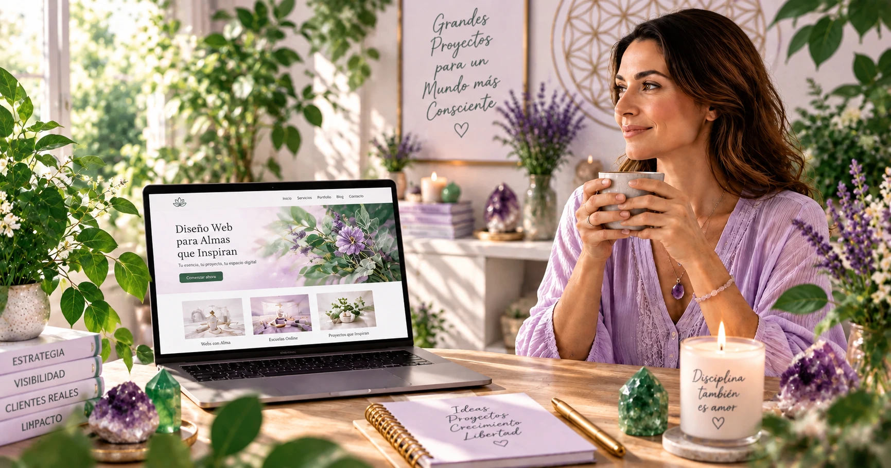 Terapeuta tomando un café junto a un portátil con su página web profesional; en la pared, un cartel que dice «Grandes proyectos para un mundo más consciente»