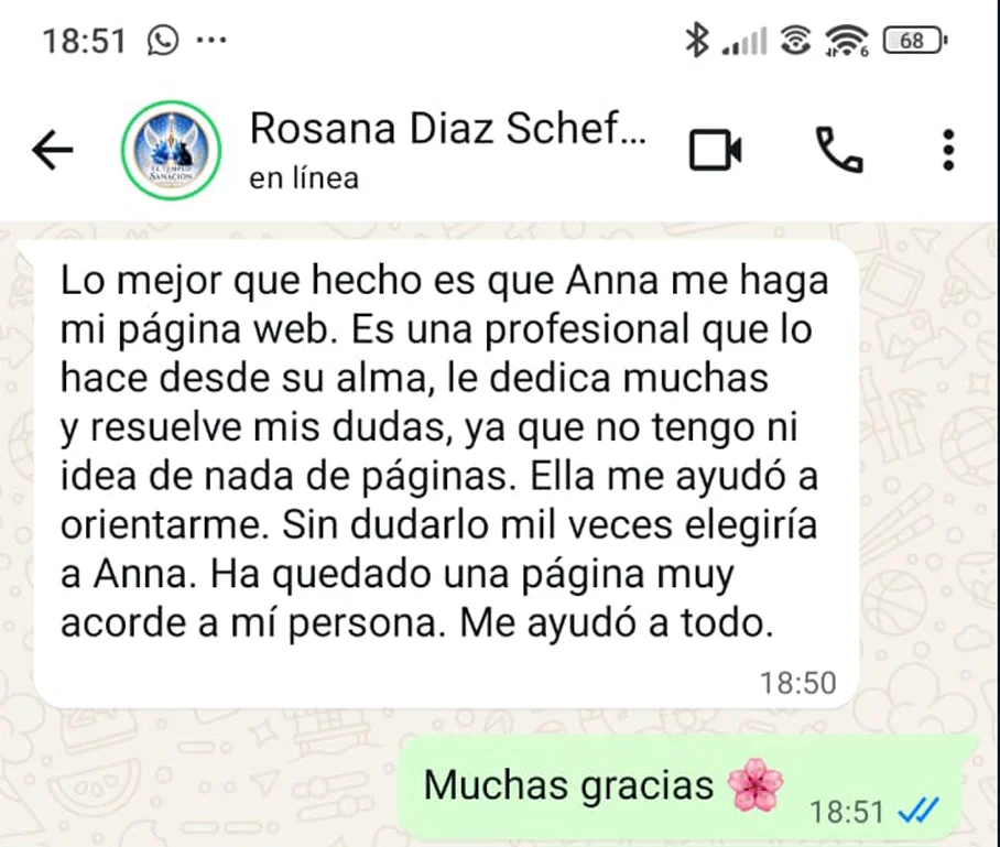 Testimonio de la Médium Rosana a Anna, de Florece con Anna, para agradecerle que ha realizado su web de mediumnidad y canalización, tal y como ella esperaba, con creatividad y que la ha orientado muy bien.